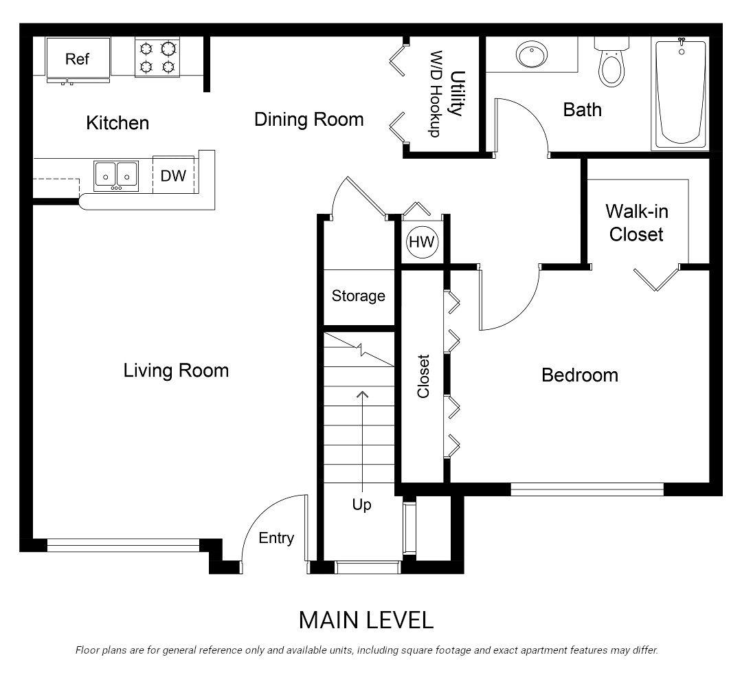 Floor plan for 1 bed, 1 bath, 719 sqft